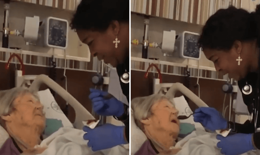 Vídeo mostra enfermeira cantando para paciente idosa em hospital no Texas. (Captura de tela/X via USA TODAY)