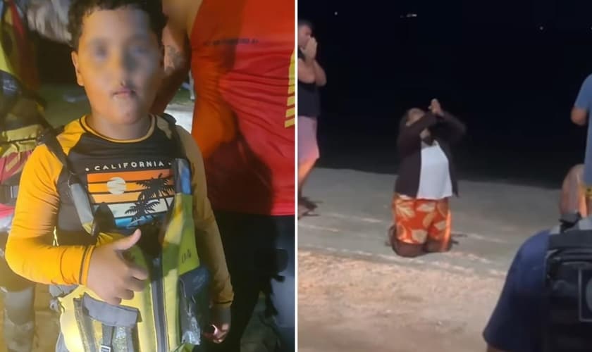 Após o resgate de Miguel, a mãe se ajoelhou na praia e agradeceu a Deus. (Foto: Reprodução/Instagram/Prefeitura de Arraial do Cabo/Região dos Lagos Notícias)